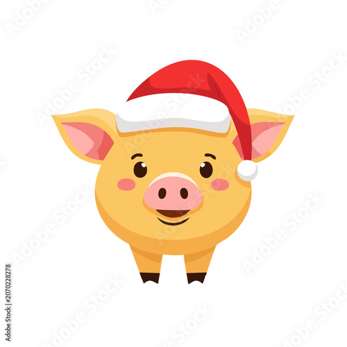 Cute cartoon pig wearing Santa hat