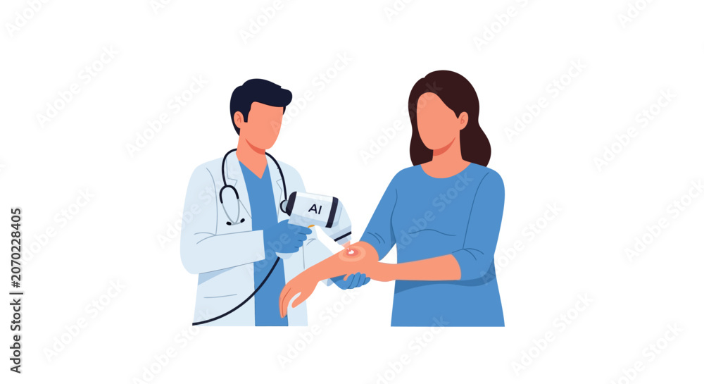 Fototapeta premium Male doctor using handheld AI diagnostic device to scan patient arm for skin treatment flat vector illustration