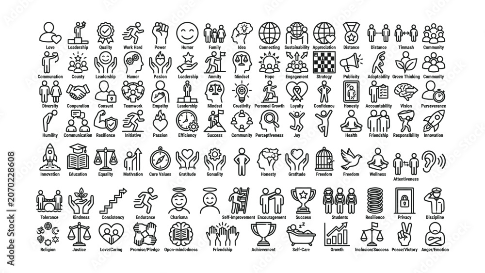 Obraz premium Black and white line icons set of business concept leadership teamwork communication motivation and success
