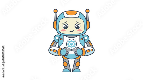 Cute sad robot character with bashful expression and hands.