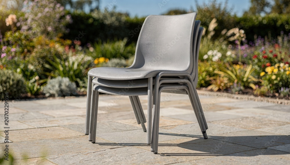 Fototapeta premium Medium shot of UVstable stacking plastic outdoor chairs arranged neatly on a patio showcasing durable design and weatherresistant materials in a sunny garden setting.