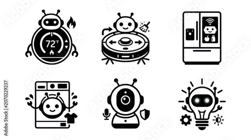 Foto Friendly household service robot character icon set.