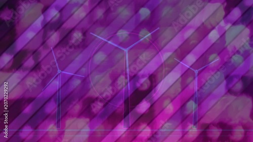 Animated digital graphic showing wind turbines against a purple background