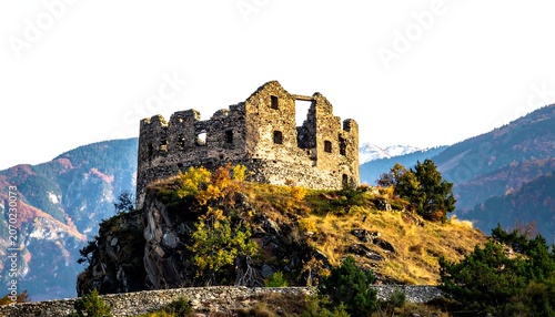 A stone structure's aged remains sit atop a rocky hill, surrounded by colorful foliage, with mountains behind. The sky is bright