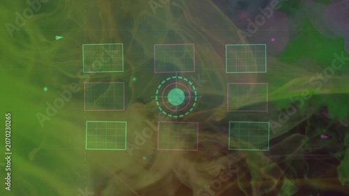 Digital camera viewfinder overlay with abstract green ink smoke background