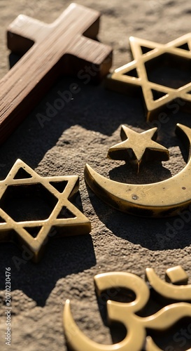Interfaith Religious Symbols Cross Crescent Moon and Star of David.