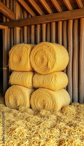 Stacked Hay Bales Inside Rustic Wooden Barn
