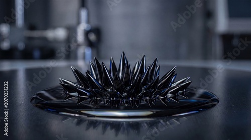 Ferrofluid spikes forming from black liquid on reflective surface in laboratory