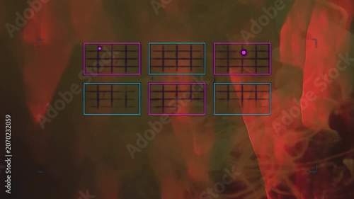 Digital music grid interface with moving light bar on abstract background