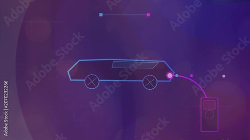 Electric car charging concept animation with digital interface lines