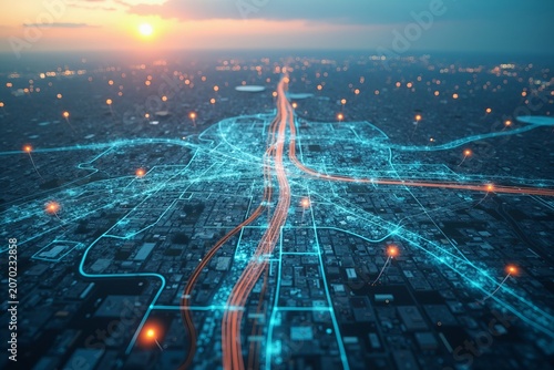 Drone's Eye View: Aerial Perspective of a City Grid Enhanced with Digital Maps and Data Points, Highlighting Infrastructure, Utility Lines, and Urban Planning Strategies