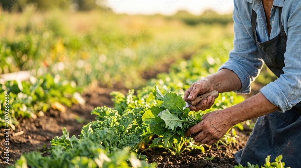 Fototapeta premium Senior woman harvesting fresh organic kale in a sunny vegetable garden, sustainable farming and healthy local food production concept