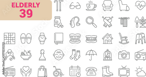 Elderly Icon Collection Editable Stroke Line Symbols Set For Senior Healthcare Retirement Lifestyle Assisted Living And Daily Care Services