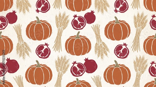 Folk art seamless pattern with pumpkins pomegranates and wheat for thanksgiving harvest