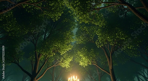 Golden Light Breaks Through Forest Canopy at Dawn.