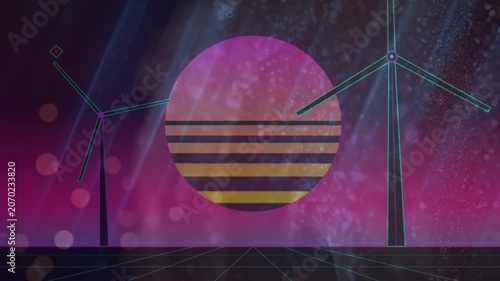Retro Synthwave Landscape with Wind Turbines and Glowing Neon Sun