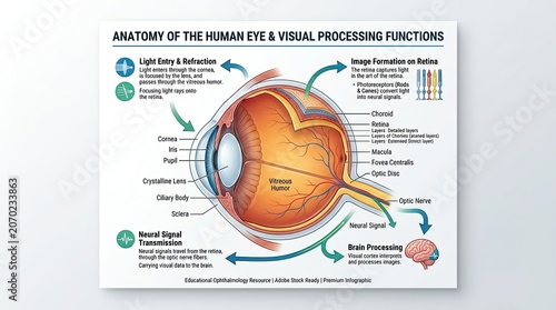 Human eye anatomy and visual processing functions infographic