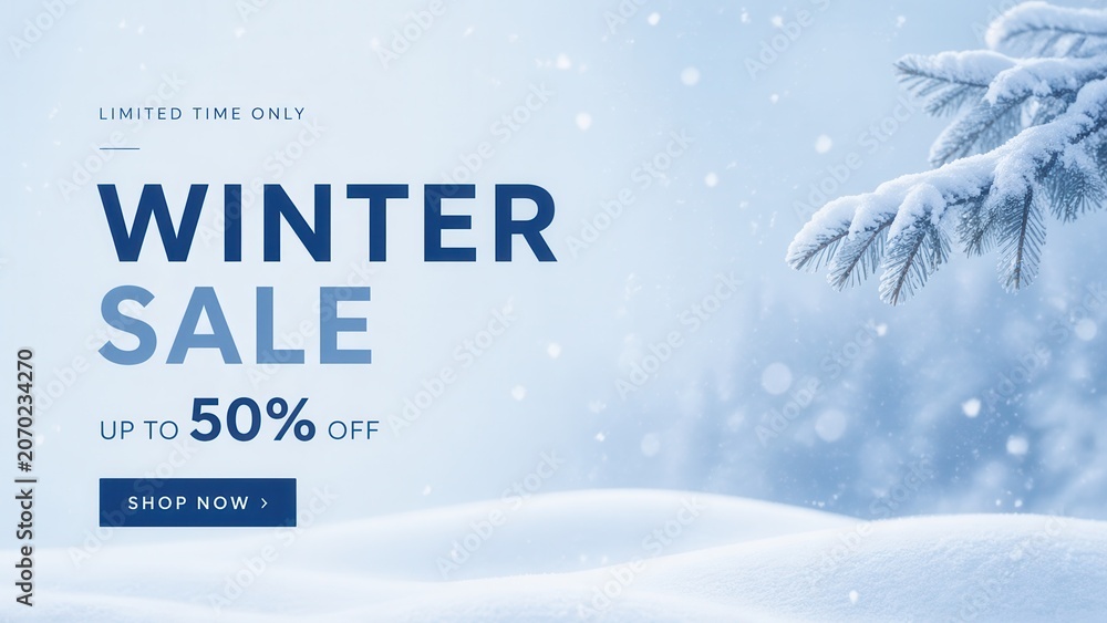 Fototapeta premium Minimal winter sale banner with snowy landscape frosted pine branch and seasonal discount offer