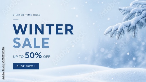 Minimal winter sale banner with snowy landscape frosted pine branch and seasonal discount offer