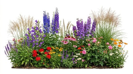 Beautiful colorful flower garden border with purple delphiniums and various summer blossoms isolated on white background