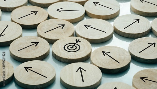 Circular wooden tokens with various directional arrows and a target symbol are scattered across a reflective surface