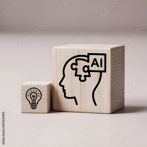 Conceptual representation of artificial intelligence and innovation symbolized by puzzle pieces and a lightbulb on wooden blocks