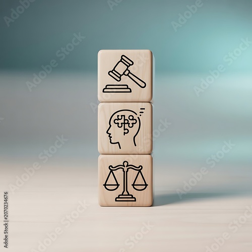 Three wooden blocks stacked vertically displaying legal and psychological concepts for justice and balance