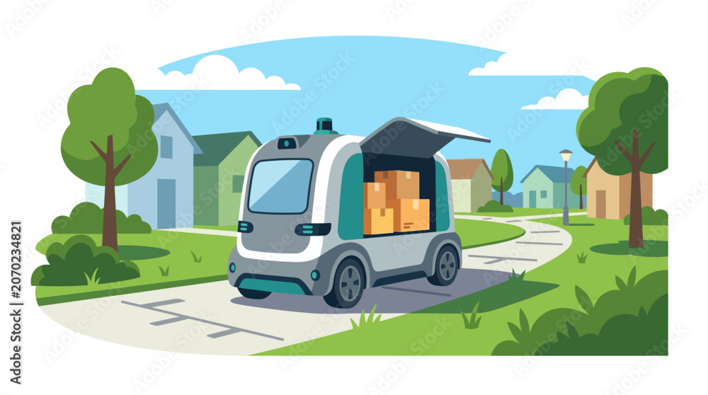 Obraz premium Autonomous self-driving delivery pod robot transporting packages through suburban residential neighborhood flat vector illustration.
