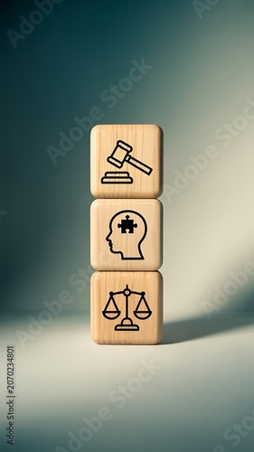 Three wooden blocks stacked vertically with symbolic icons representing justice mental health and legal proceedings
