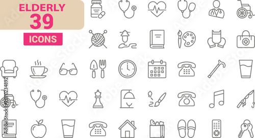 Elderly Icons Collection Editable Stroke Line Symbols Set For Senior Healthcare Retirement Caregiving Assisted Living And Wellness Services