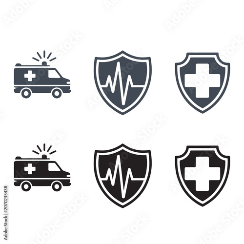 Emergency Medical Transport and Healthcare Protection Symbols Flat Design Illustration