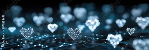 Digital hearts connected by glowing technology network, representing online love and data communication