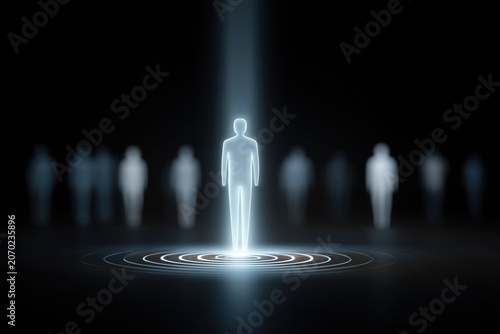 Glowing human silhouette standing in spotlight with digital ripple effects, representation of individuality and leadership in technology