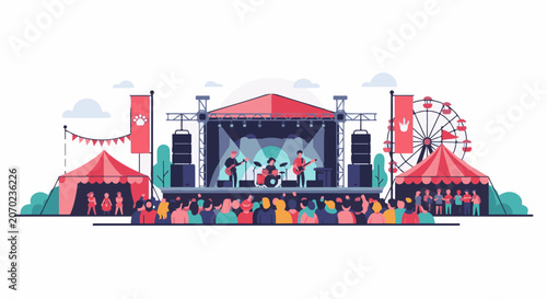 Billede på lærred A lively outdoor music festival with a band performing on stage, crowds gathered