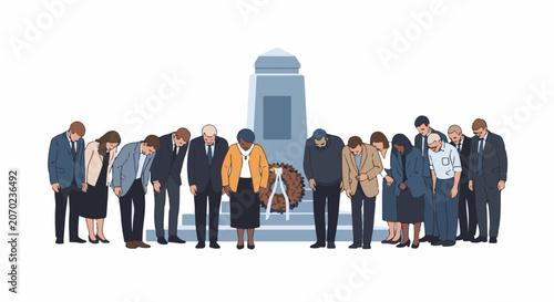 Slika na platnu A group of people in formal attire bow their heads in solemn remembrance at a me