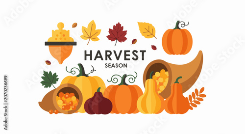 Photos A festive illustration of autumn bounty with pumpkins, gourds, leaves, and cornu