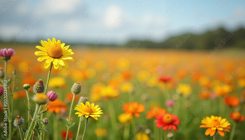 Fototapeta premium Beautiful field of blooming flowers with vibrant yellow, orange, and pink blossoms in sunny landscape. Colorful field of flowers creating cheerful atmosphere in outdoor setting.