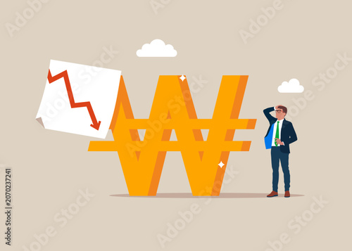 South Korean Won Currency Symbol with red down arrow on sticky note. Modern vector illustration in flat style