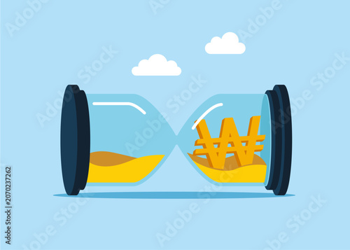 South Korean Won Currency Symbol in sandglass. Stopping time. Retirement pension fund. Modern vector illustration in flat style