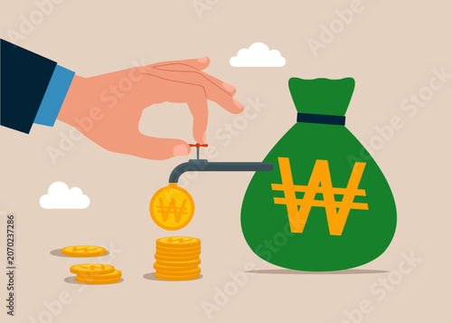 Hand opening  water tap to  let South Korean Won Currency Symbol coins next from bag of money. Financial investments. Flat vector illustration