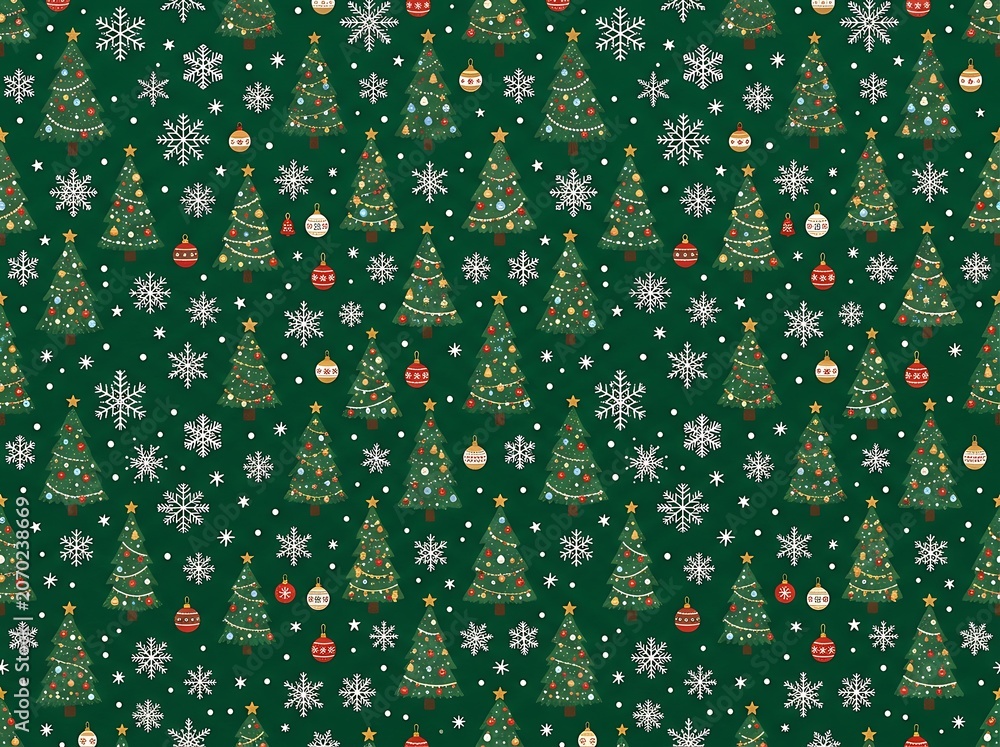 Fototapeta premium Cute seamless pattern featuring christmas trees with colorful ornaments and snowflakes on green.