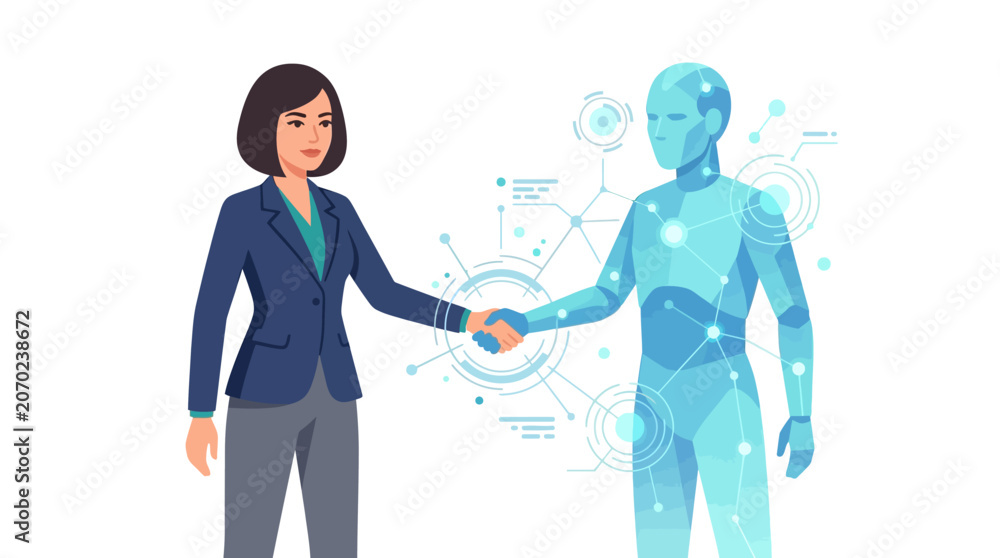 Obraz premium Confident female executive shaking hands with digital robot for future business partnership flat vector illustration.