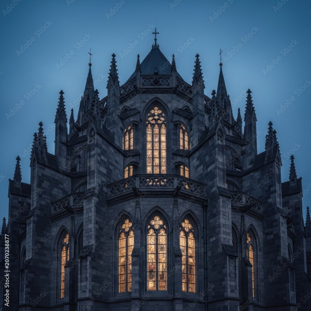 Fototapeta premium Gothic Cathedral Architecture Illuminated at Dusk.