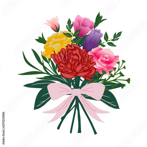 Hand Drawn Colorful Flower Bouquet with Pink Ribbon Vector Illustration
Perfect for greeting cards, wedding invitations, floral design projects, and decorative prints. Isolated on white background.
