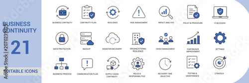 Business Continuity Line Icon Set Featuring Risk Management, Disaster Recovery, Data Protection, Crisis Planning, and Organizational Resilience Vector Symbols Collection