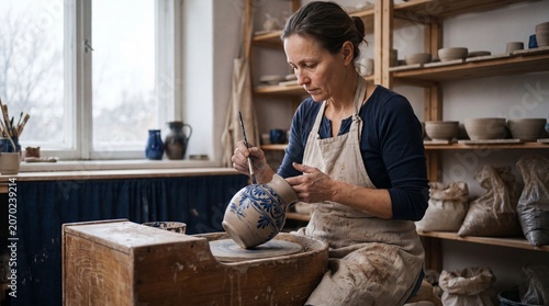 Ceramicist painting a stoneware vase in her studio