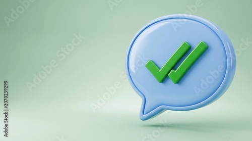 A glossy light blue speech bubble containing two bright green checkmarks floats