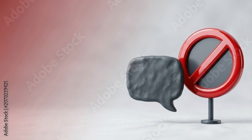 A matte grey speech bubble stands next to a glossy red prohibition sign on a dark stand.