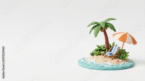 A miniature tropical island model is set against a clean off white background.
