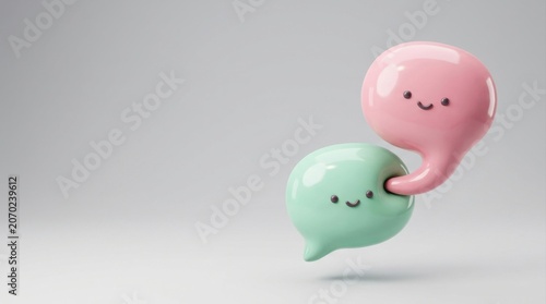 Two cute, glossy speech bubbles with simple smiling faces float side by side against